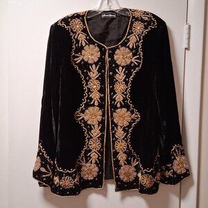 Vintage Jewel Queen Black Velvet Sequin Beaded Jacket sz XL
